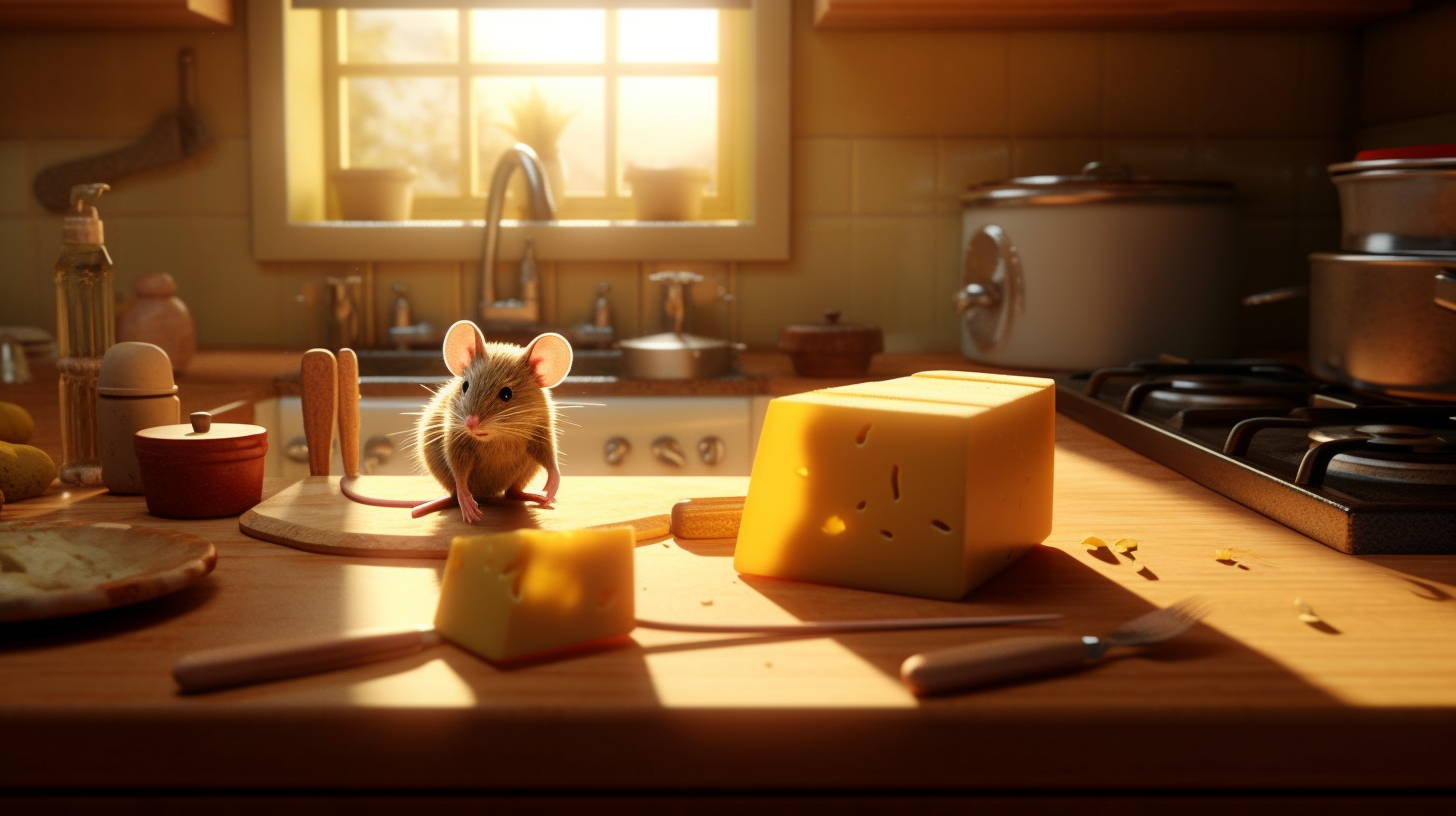 Image of a mouse on a homes countertop eating at a block of cheese