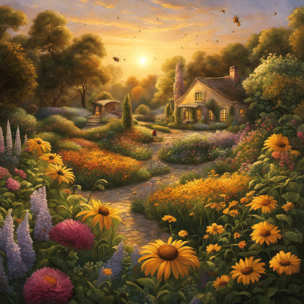 An image that portrays a serene, flower-filled garden bathed in the golden glow of sunset