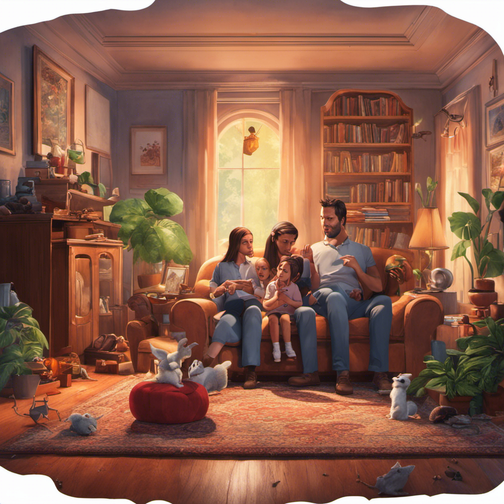 An image showcasing a concerned family in a cozy living room, surrounded by a cloud of poisonous chemicals
