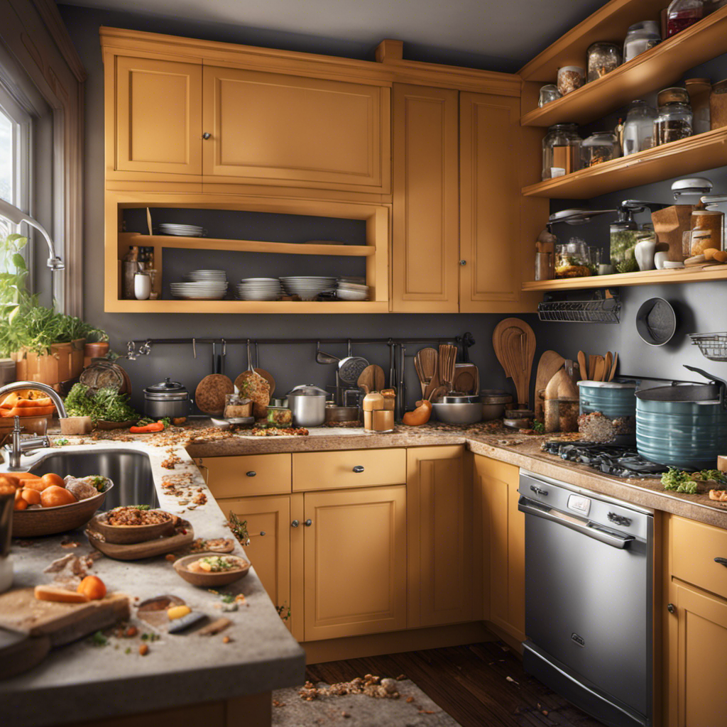 An image showcasing a cozy, cluttered kitchen with crumbs scattered on the countertop, a leaky faucet dripping water, and an open trash can overflowing with food waste