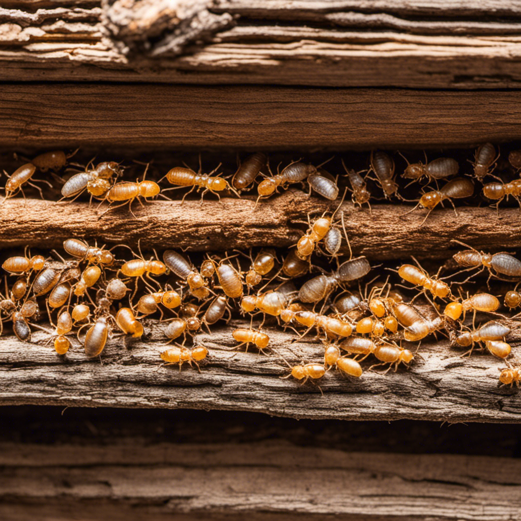 An image showcasing a termite-infested wooden beam, with powdery frass accumulating at its base