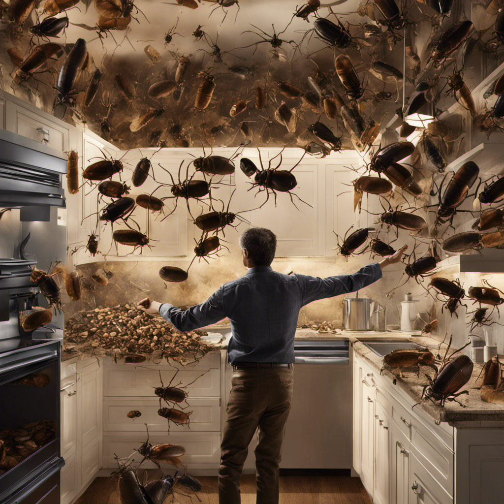 An image depicting a startled homeowner standing in a dimly lit kitchen, wide-eyed and pointing towards a swarm of enormous roaches emerging from a cracked wall, their shiny exoskeletons reflecting the faint light