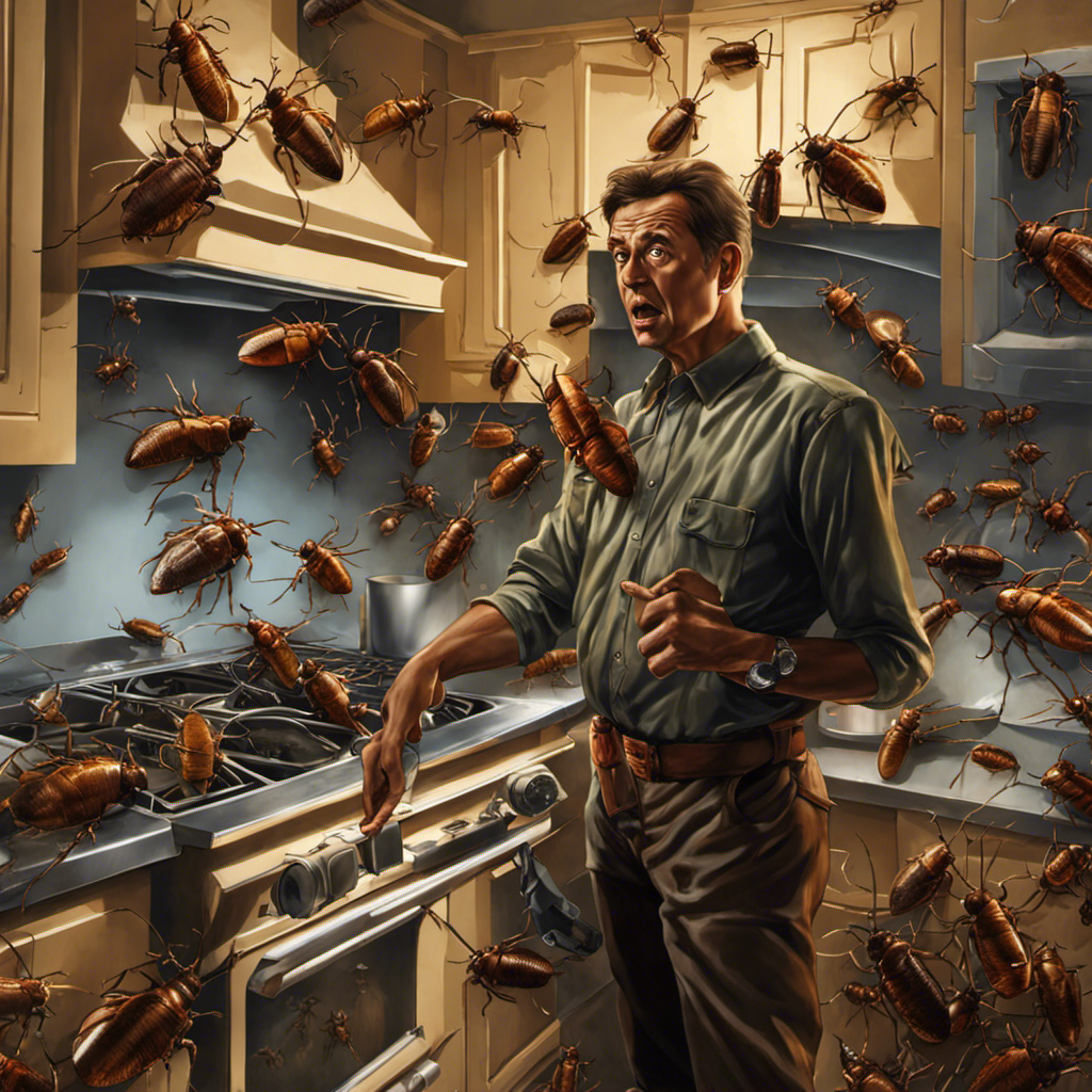 An image depicting a startled homeowner standing in a dimly lit kitchen, wide-eyed and pointing towards a swarm of enormous roaches emerging from a cracked wall, their shiny exoskeletons reflecting the faint light