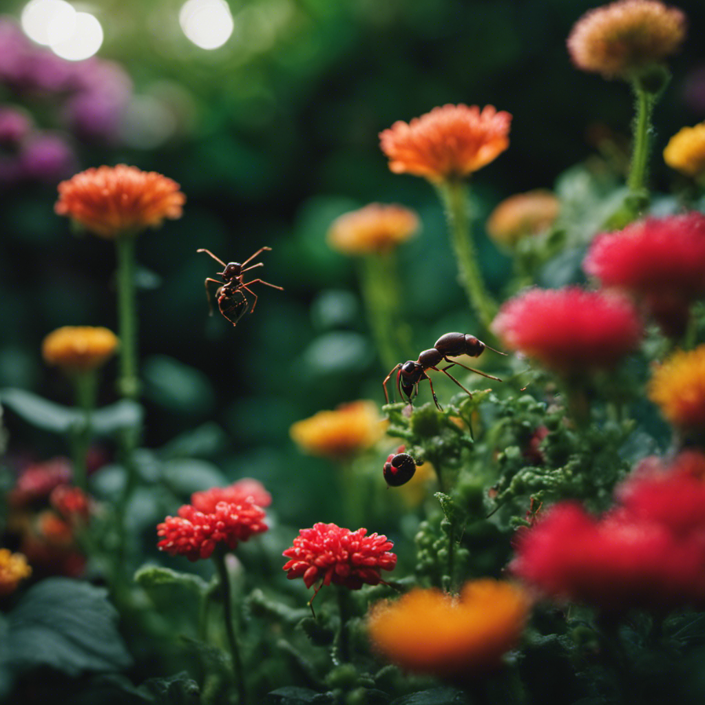 An image of a serene garden with vibrant flowers and lush greenery, contrasting with a terrified ant colony fleeing from an exterminator's spray