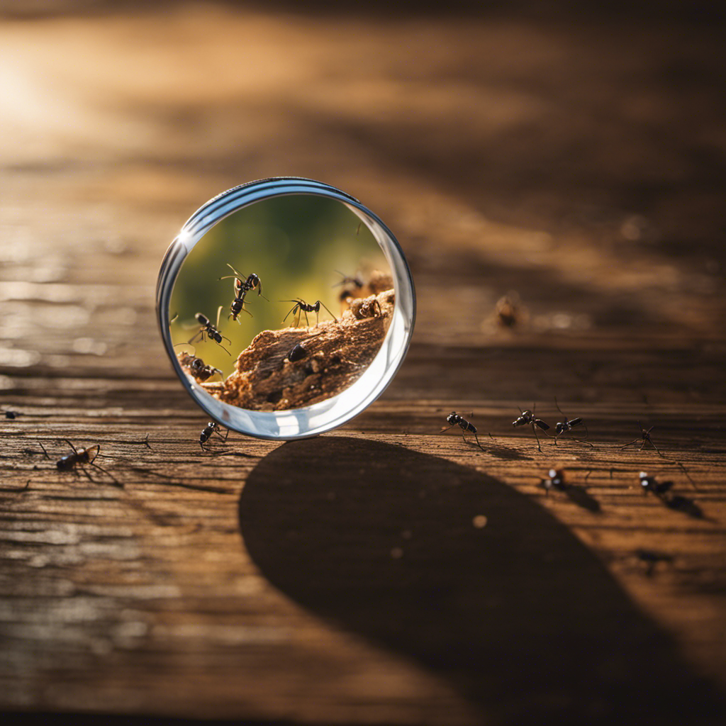 An image of a magnifying glass hovering over a cracked wooden floor, revealing hundreds of tiny ants emerging from beneath