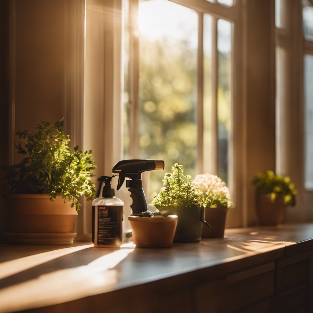 An image showcasing a cozy home interior, bathed in warm sunlight, with a professional pest control technician meticulously spraying a barrier around the perimeter, ensuring optimal bug protection
