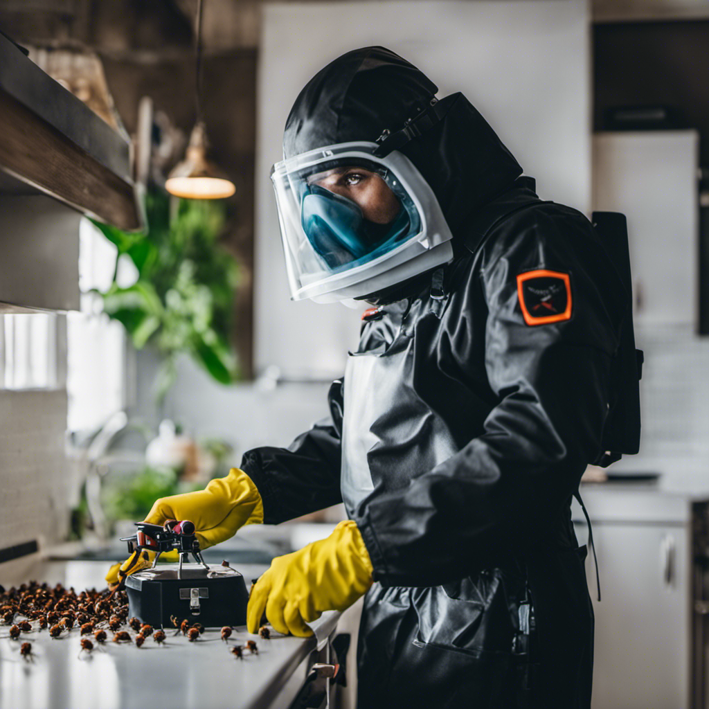An image capturing a professional exterminator in full protective gear, holding a sprayer with a labeled pesticide, while confidently inspecting and treating a residential kitchen infested with cockroaches