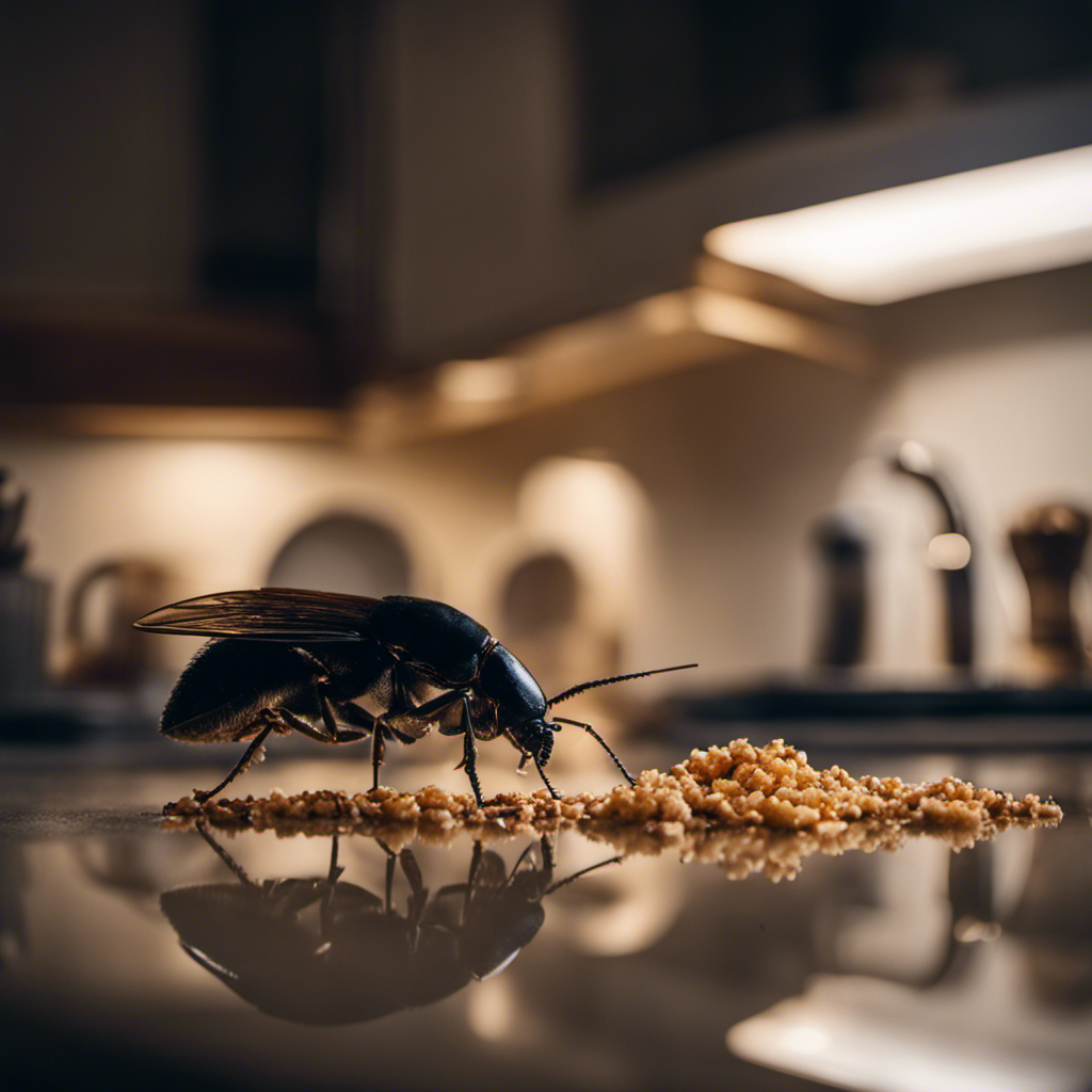 An image depicting a gloomy, dim-lit kitchen with scattered crumbs and sticky traps; a determined homeowner wearing gloves, holding a magnifying glass, intently examining a resilient and elusive cockroach scuttling across the countertop