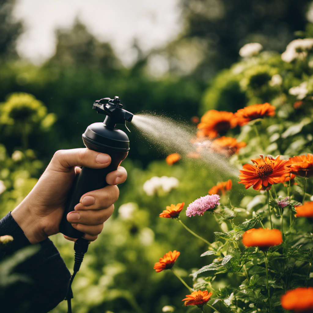 An image depicting a serene outdoor scene with a lush garden surrounded by various flowering plants