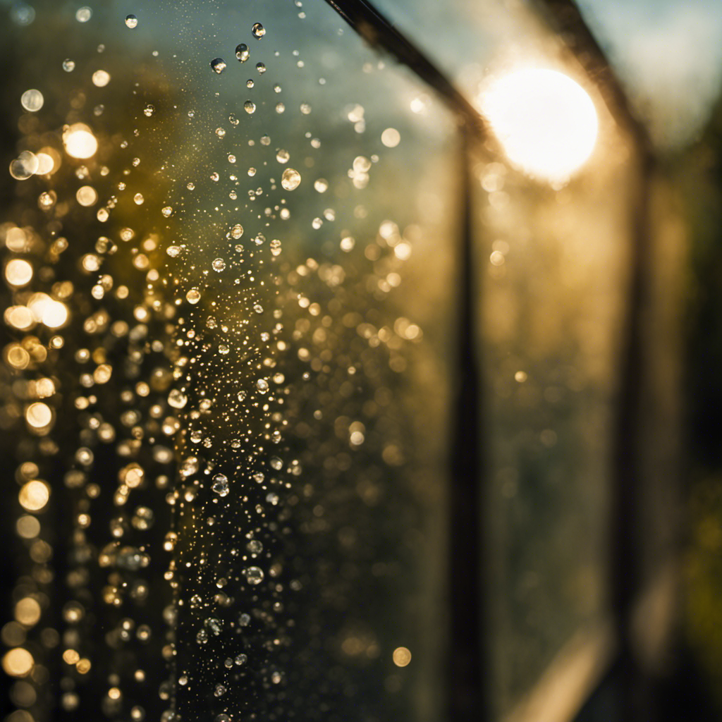 An image of a crystal clear windowpane glistening under the warm sunlight, with tiny droplets of vinegar clinging to the glass edges, showcasing how vinegar can effortlessly banish dirt and grime for a streak-free window