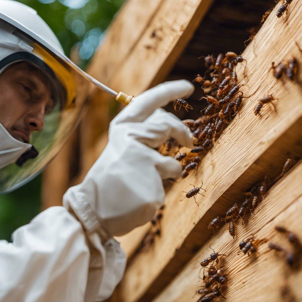 Homeowner in protective gear applying a DIY termite treatment to a wooden structure, with termites fleeing away, in a bright, clean, and professional setting