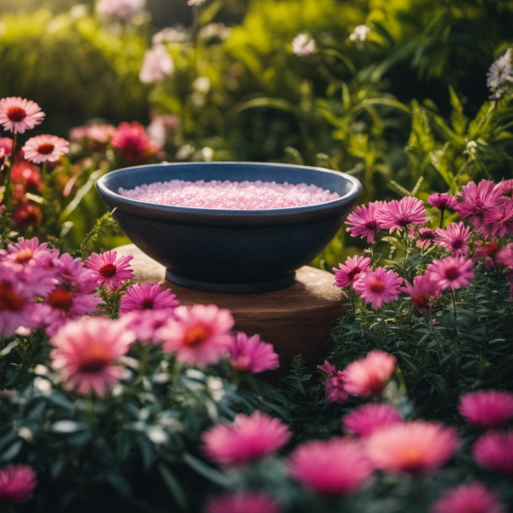 An image showcasing a serene outdoor setting with a decorative bowl filled with Epsom salt, surrounded by vibrant flowers and plants