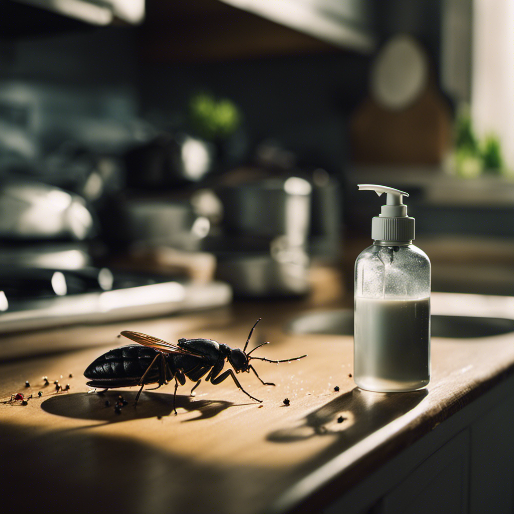 panicked person in a cluttered kitchen, swatting at a swarm of bugs