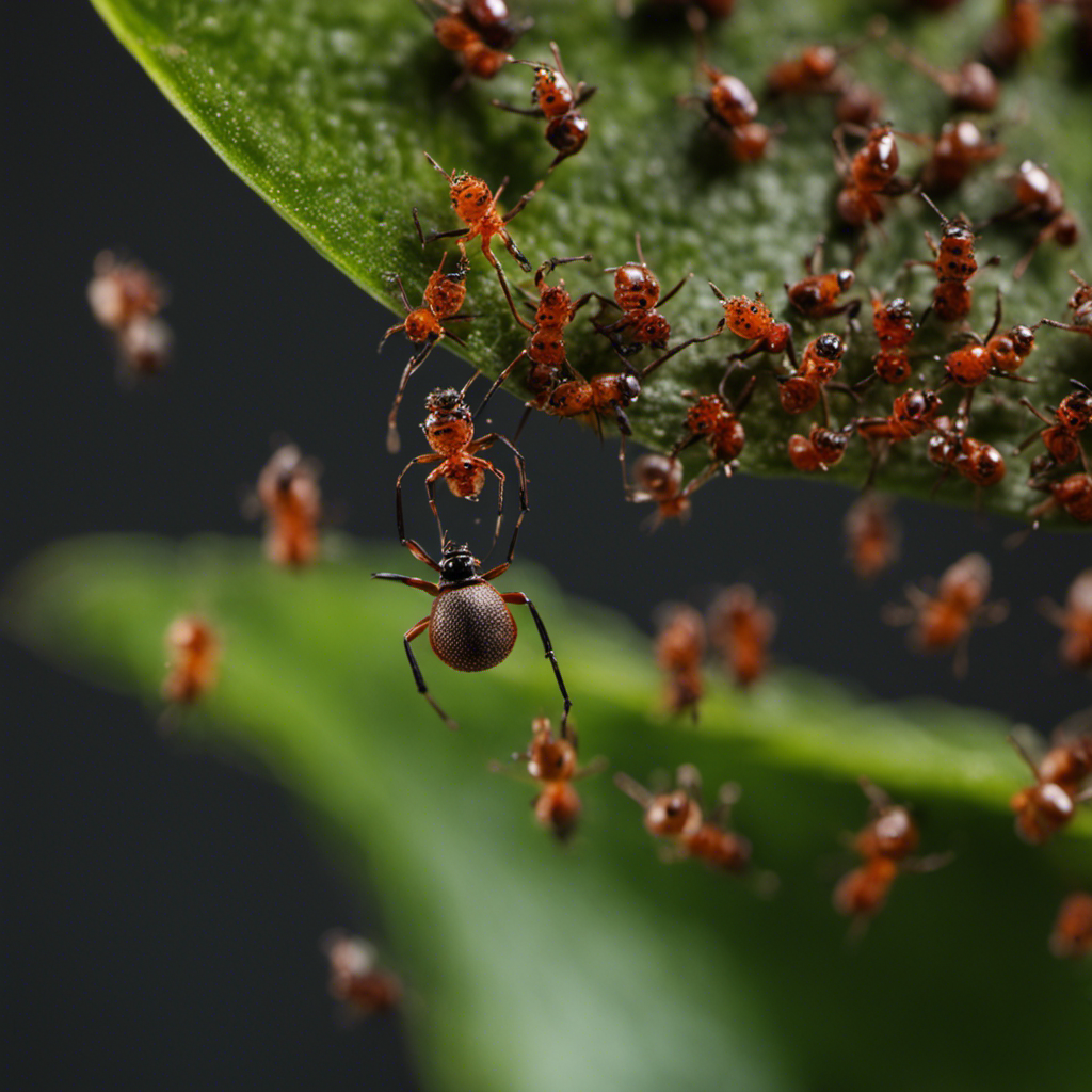 An image showcasing various pests in intricate detail: a menacing cluster of aphids on a rosebud, a web-weaving spider dangling from the ceiling, and a line of ants trailing across a kitchen countertop
