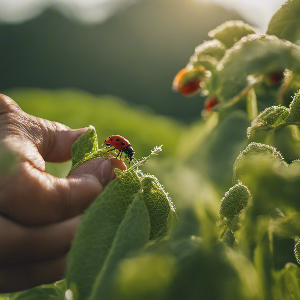 An image showcasing an organic farmer meticulously inspecting crops, armed with ladybugs and praying mantises, while a protective netting shields the plants from unwanted pests