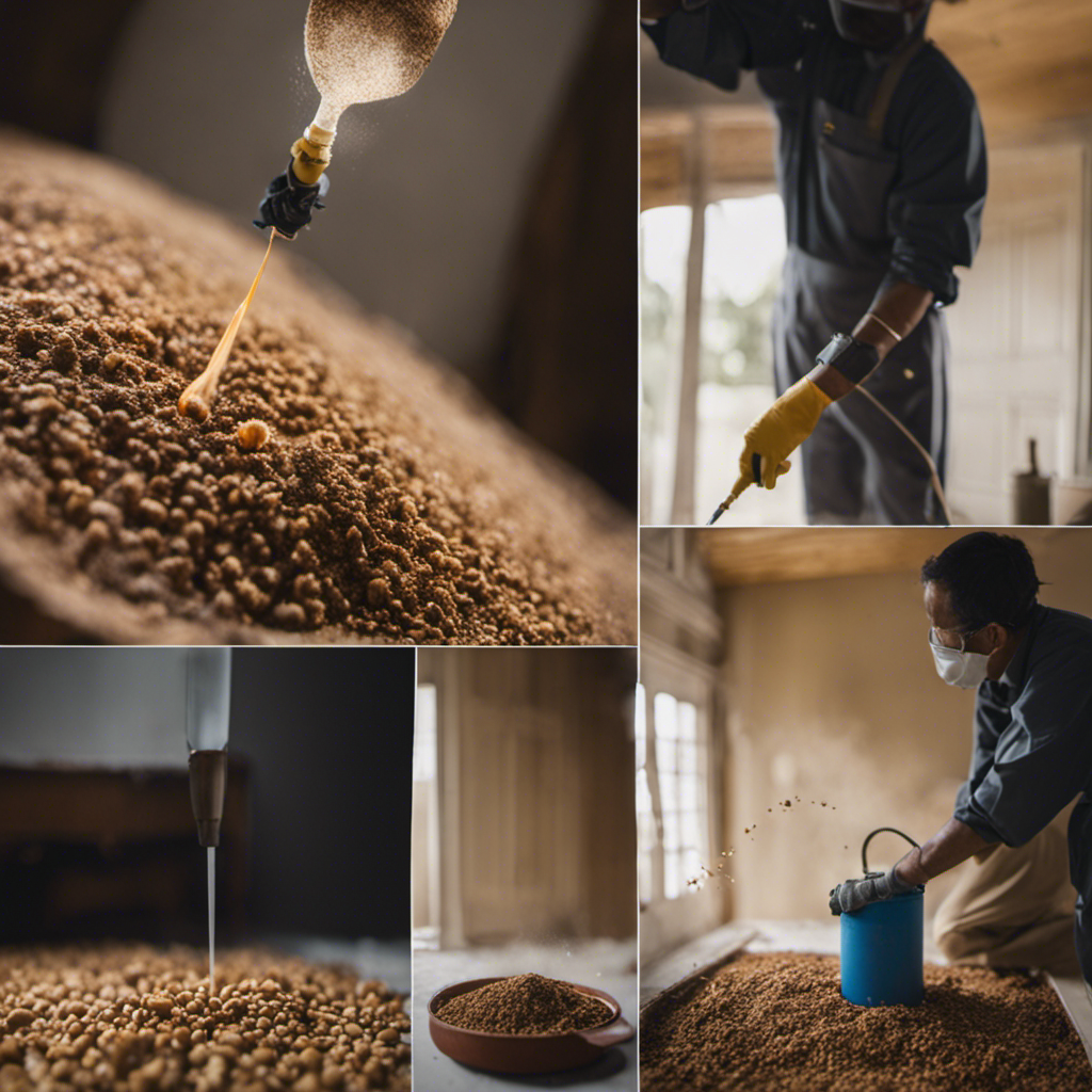 split-screen image of a person spraying pesticide on one side and setting up termite bait on the other, in a house affected by termite damage