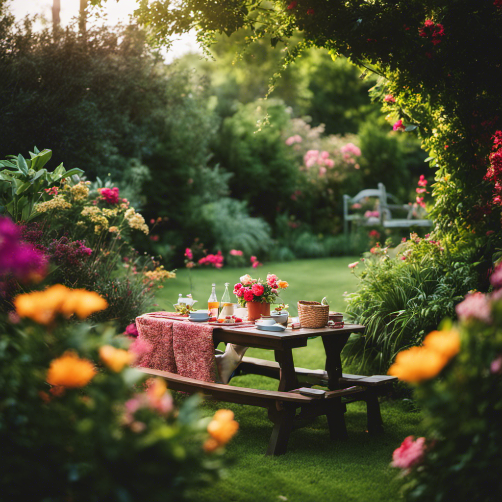 An image of a serene backyard oasis with a family having a picnic, surrounded by lush greenery and colorful flowers