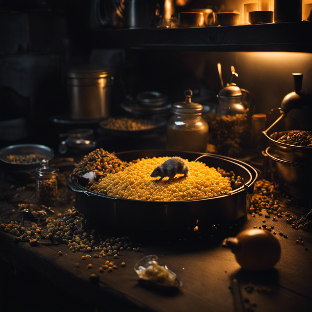 An image capturing a dark, dimly lit kitchen corner, with a sinister-looking rat trap baited with a slice of gooey, aromatic cheese, surrounded by scattered poison pellets and a discarded rodent skeleton