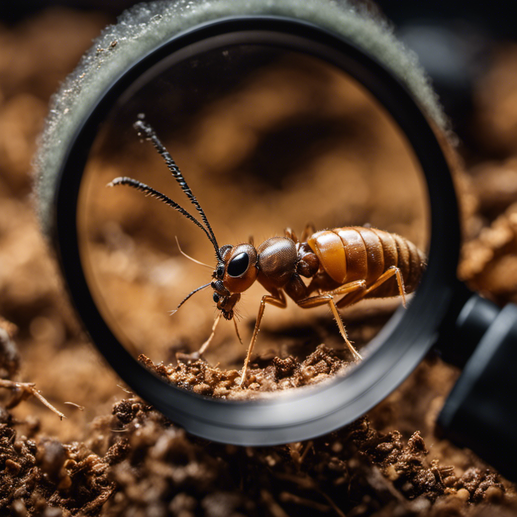 Ze a close-up of a termite under a magnifying glass, with a crossed-out sign over it, surrounded by various pest control tools and equipment