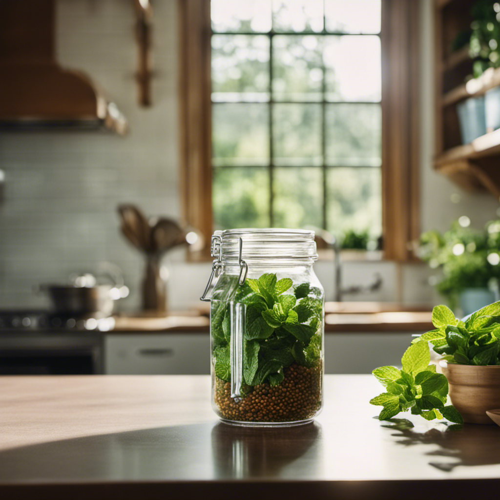 An image showcasing a sparkling clean kitchen with tightly sealed containers, a brightly lit space with no crumbs or spills, and a fresh bouquet of mint leaves hanging above, repelling cockroaches