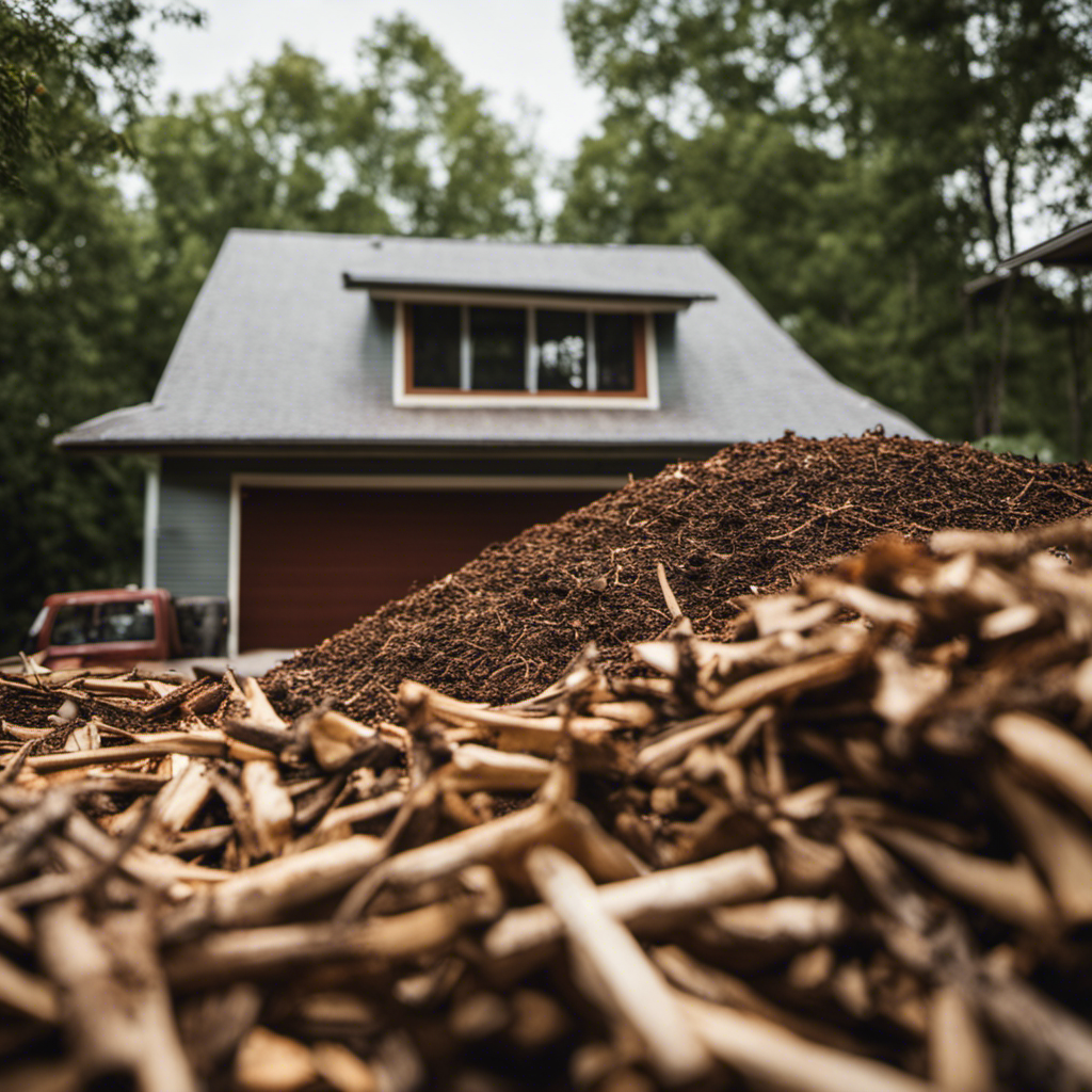 An image showcasing a homeowner using wooden mulch against their foundation, leaving tree branches touching their roof, and storing firewood directly against their home, emphasizing what not to do if you have termites