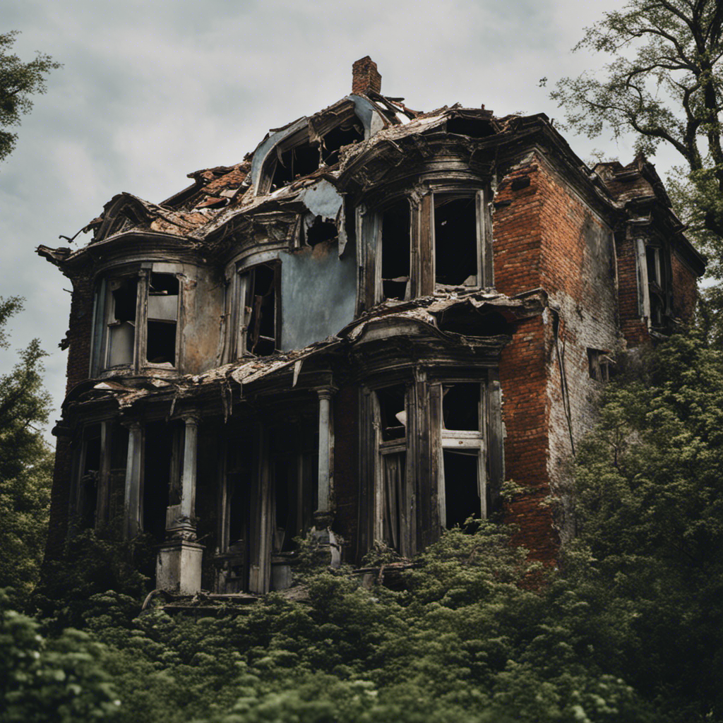 An image showcasing a devastated house exterior, with crumbling walls, broken windows, and a damaged roof, ravaged by the relentless onslaught of pests