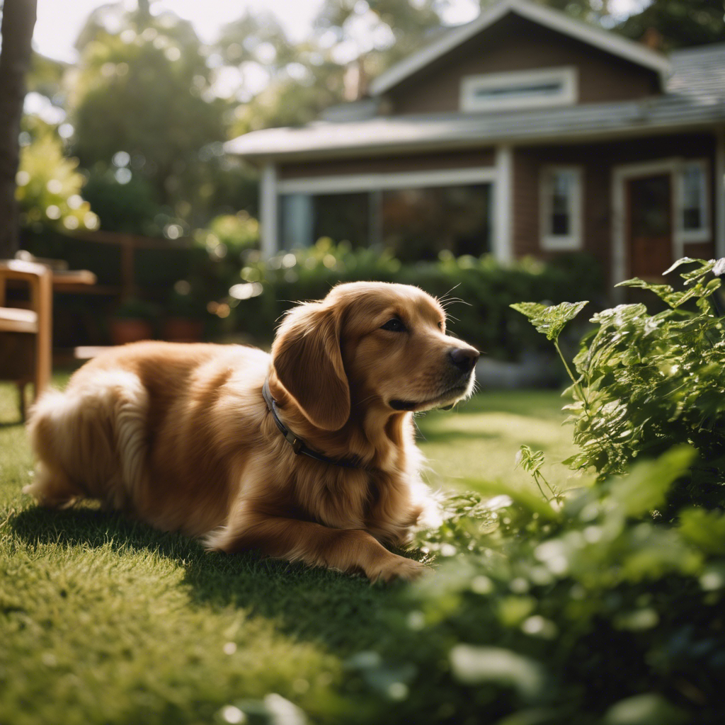 An image that portrays a serene home interior with a content pet lounging in the foreground, while outside a lush backyard is infested with fleas and ticks