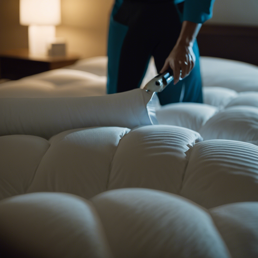 An image showcasing a bright, spacious hotel room in Tulsa with a magnified view of a vigilant housekeeping staff member thoroughly inspecting a mattress, using a flashlight to ensure it is free from any bed bugs