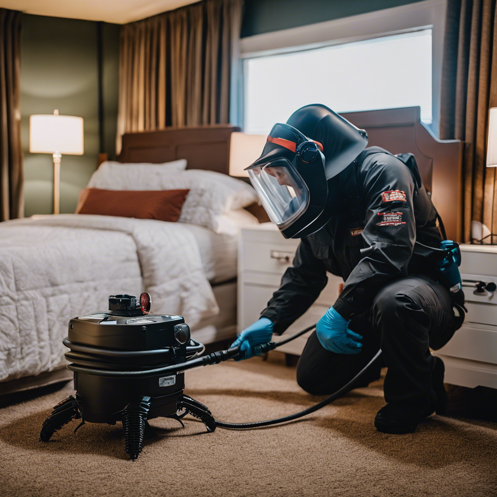An image showcasing Tulsa's pest control solutions for bed bugs: a professional exterminator wearing protective gear, using a heat treatment machine to eradicate bed bugs in a meticulously arranged bedroom, leaving no corner untouched