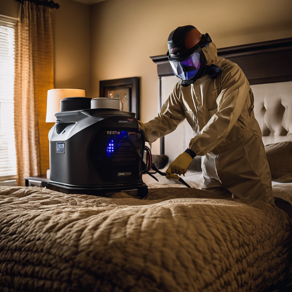 An image showcasing Tulsa's pest control solutions for bed bugs: a professional exterminator wearing protective gear, using a heat treatment machine to eradicate bed bugs in a meticulously arranged bedroom, leaving no corner untouched