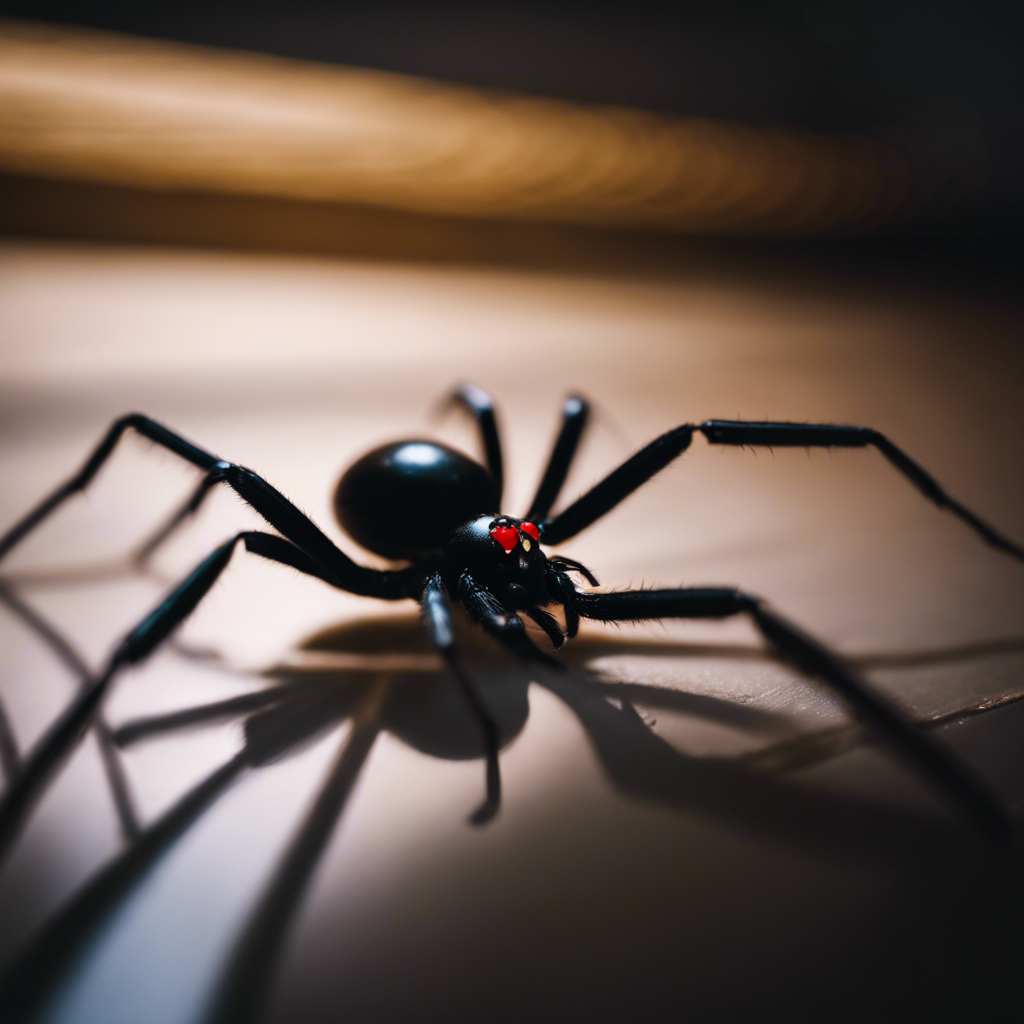 An image showcasing a close-up view of a black widow spider lurking in a dark corner of a Tulsa home, while a professional pest control technician carefully uses a vacuum to eliminate the threat