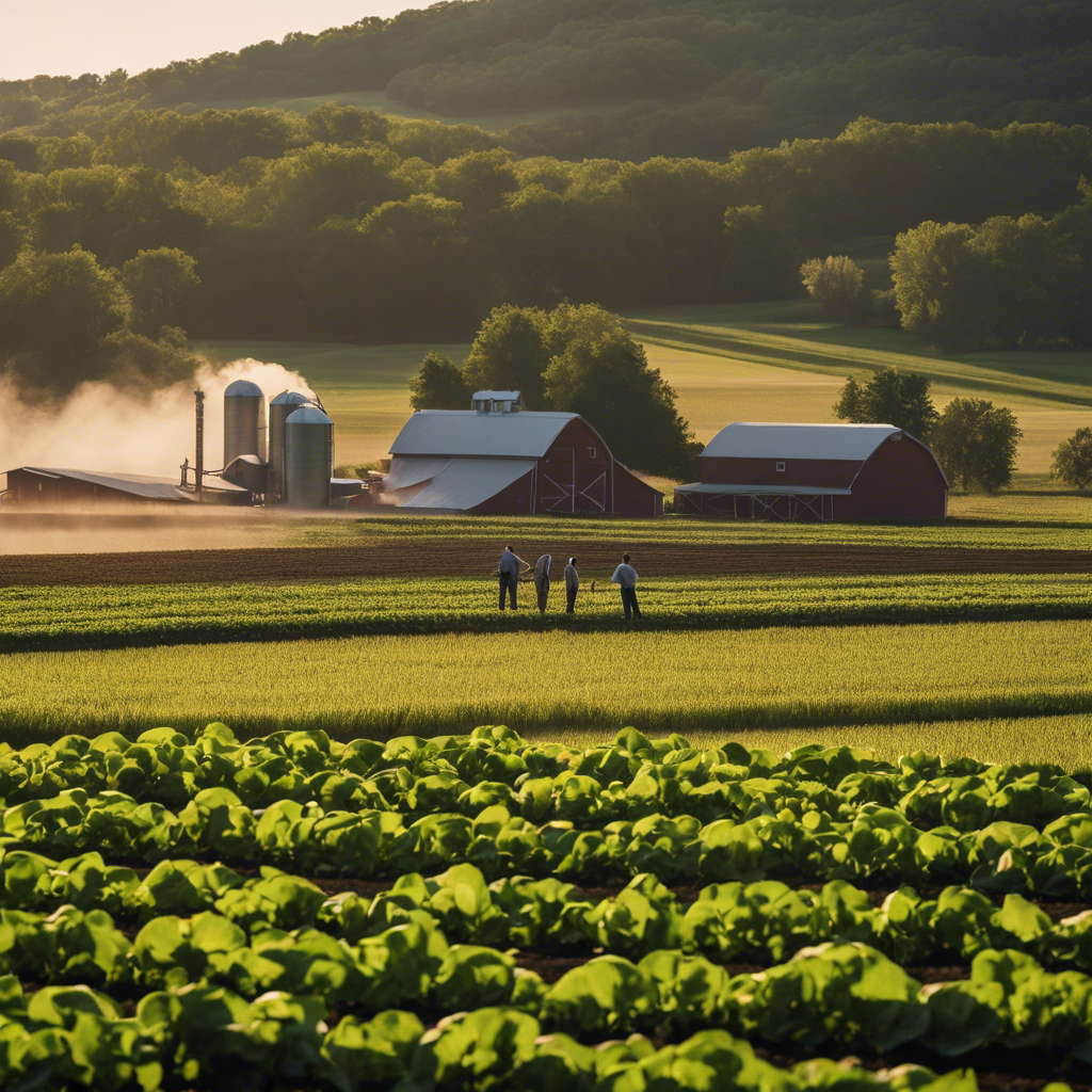 An image showcasing a sprawling farm in Tulsa's agricultural sector, with farmers diligently tending to healthy crops and livestock