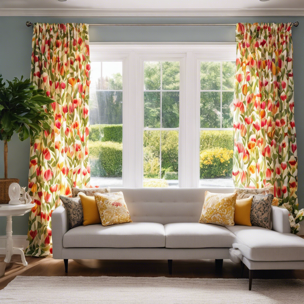 An image showcasing a bright and inviting living room with tulip-patterned curtains, as a pest control technician in a professional uniform discreetly inspects baseboards for any signs of pests, ensuring a safe and pest-free environment for new homeowners