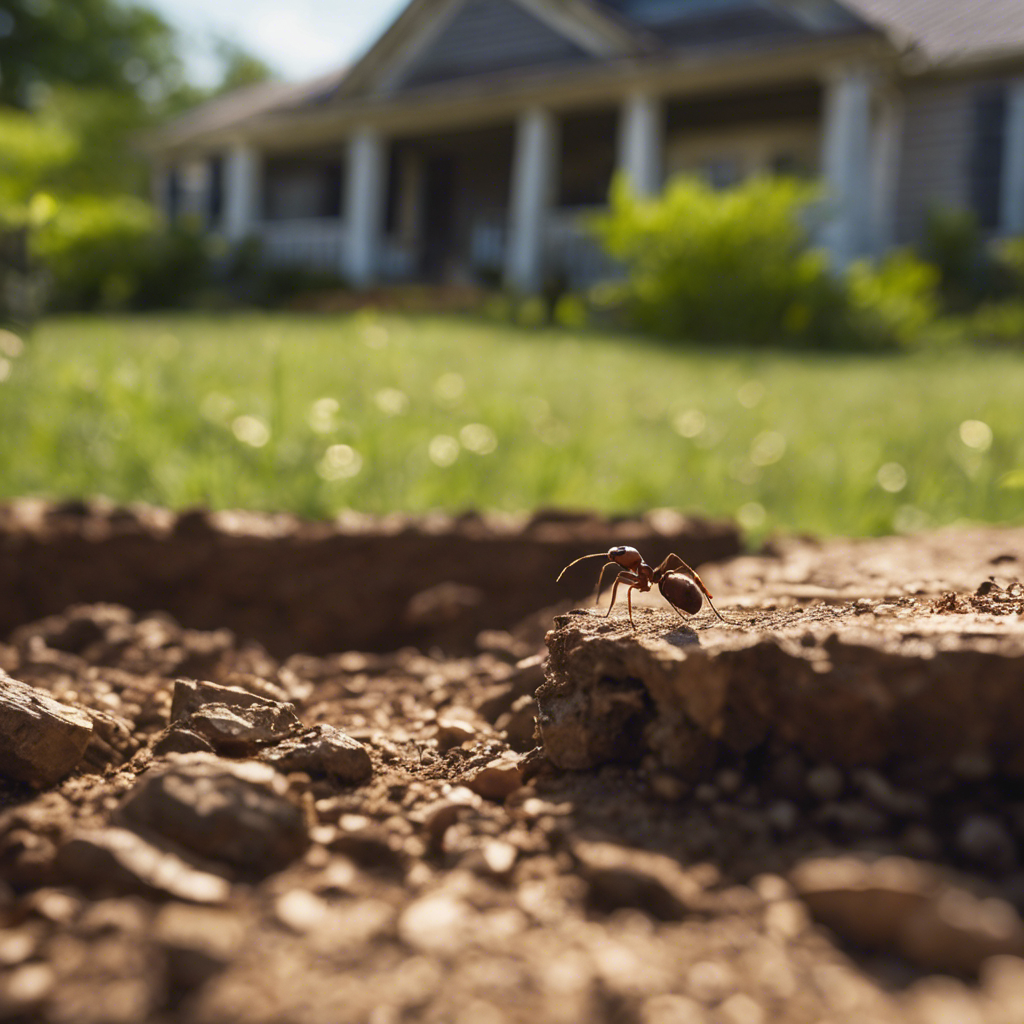 An image showcasing a backyard landscape in Oklahoma, with a close-up of an ant infestation near a cracked foundation