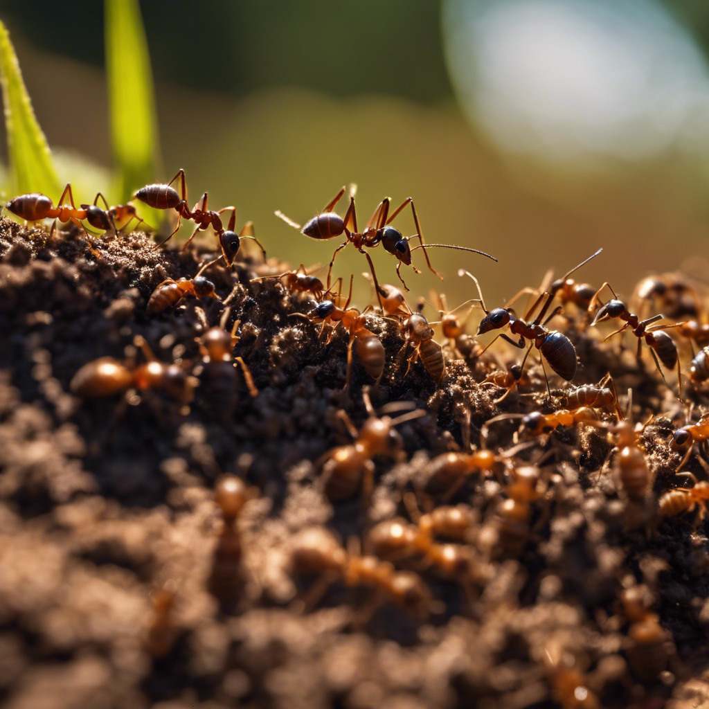 An image capturing the chaos of Oklahoma's seasonal ant infestations: a sprawling landscape dotted with anthills, swarming ants marching in precise lines, invading homes, gardens, and picnic areas, disrupting daily life
