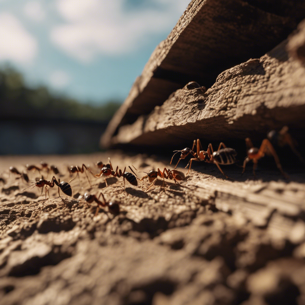 An image that shows a close-up of a cracked foundation, with a trail of tiny ants crawling in and out of the cracks, while nearby, damaged wooden beams display scattered ant tunnels and frass