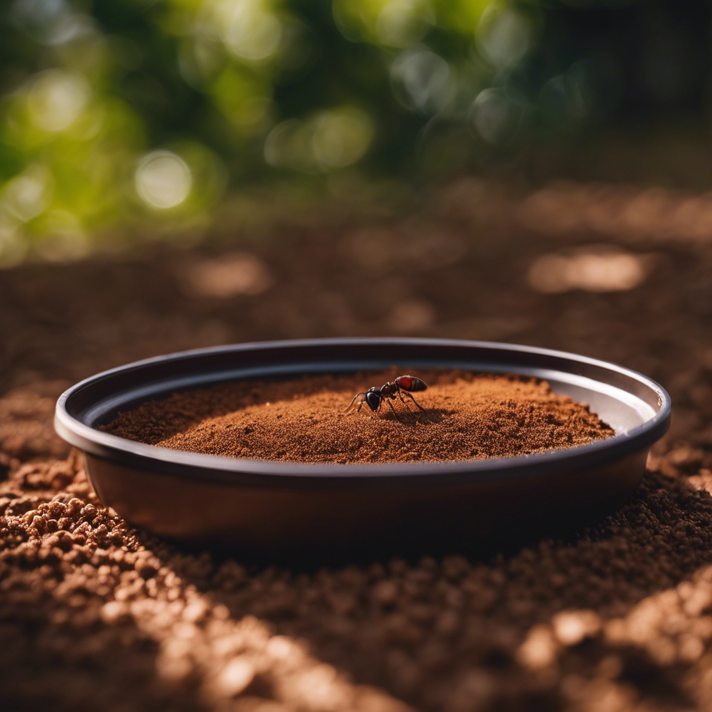 An image showcasing an Oklahoma backyard with a homemade ant trap made of a shallow dish filled with sugary bait, surrounded by a ring of cinnamon powder acting as a natural barrier