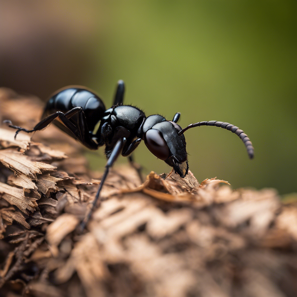 An image showcasing a close-up of a large, black carpenter ant with reddish-brown legs and a distinct heart-shaped head, clearly found in a Tulsa, Oklahoma backyard