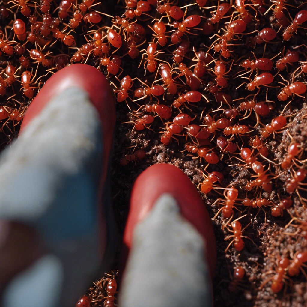 An image showcasing a close-up of a person's foot covered in red, swollen welts, surrounded by a swarm of aggressive fire ants in the Oklahoma grassland