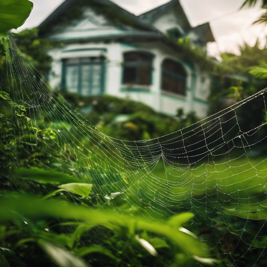 An image contrasting a peaceful home with lush greenery on one side and chaotic spider webs on the other, divided by a bold line, with symbols of safe sprays and crossed-out harmful chemicals