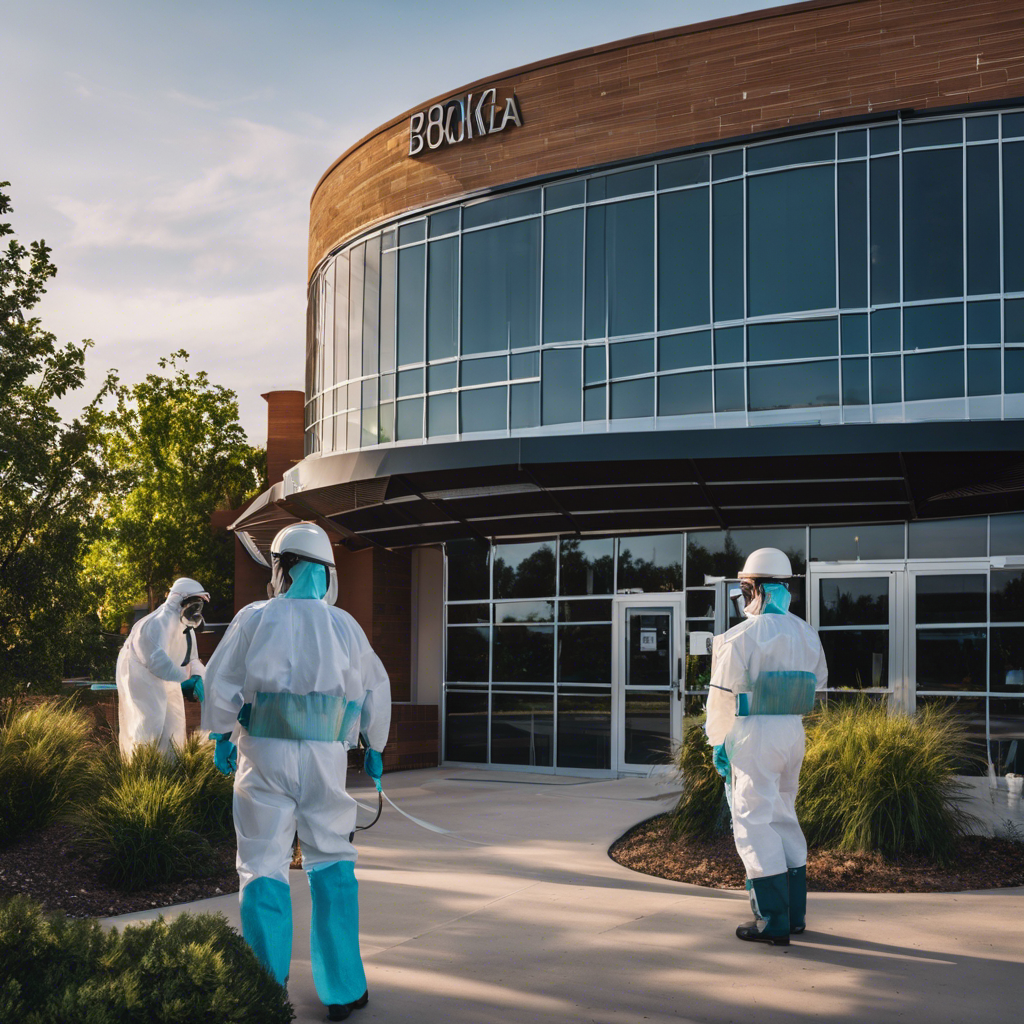 An illustration featuring a commercial building in Tulsa with professionals in protective gear applying eco-friendly treatments around the perimeter, focusing on spider-prone areas, under a clear, pest-free sky