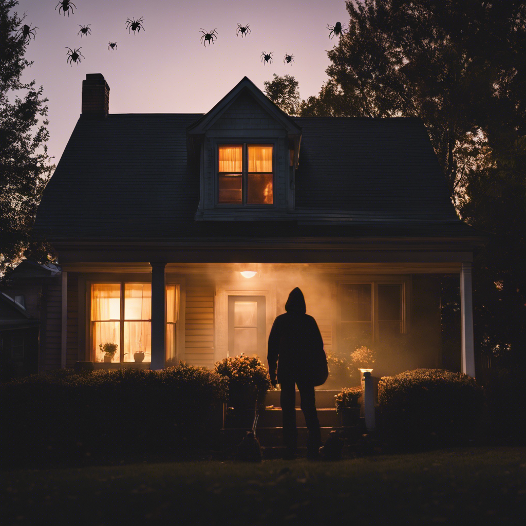 An image of a cozy suburban home in Tulsa at dusk, with a transparent overlay of various spiders around it, and a silhouette of a person holding a spray can, prepared for action