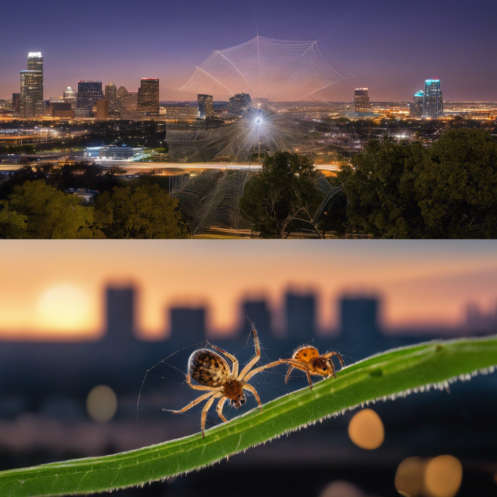 Ate the life cycle stages of a spider against a Tulsa skyline backdrop, from egg sac, to spiderlings dispersing, to adult spider, incorporating local flora and homes subtly to show common habitats