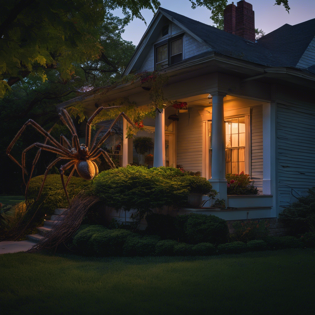 An image of a Tulsa home at dusk, with exaggerated large spiders looming around improperly sealed windows and doors, and a neglected garden with dense shrubbery, all subtly illuminated by a porch light