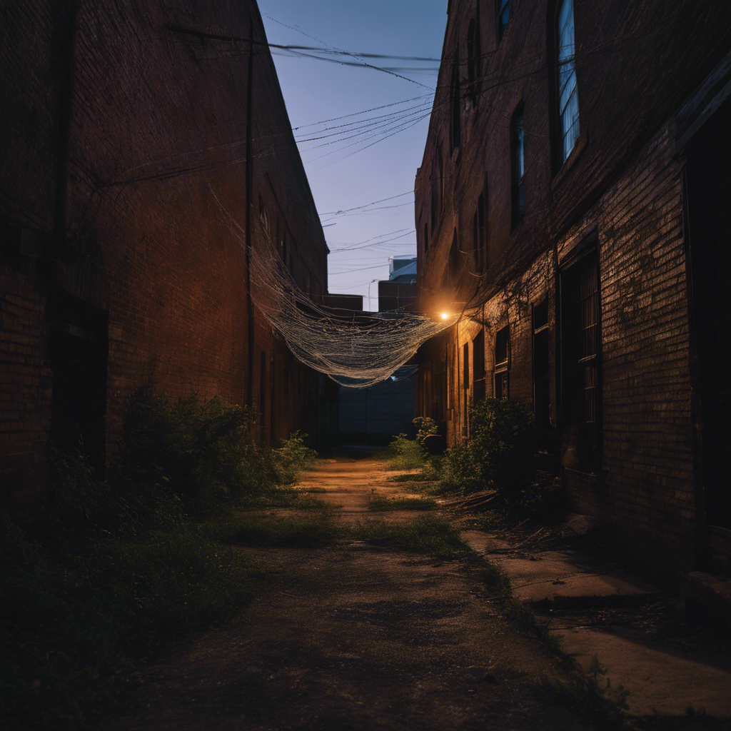 Ate a dark, eerie Tulsa alleyway at dusk, with cobwebs in the corners, a few spiders lurking in the shadows, and an old, neglected building in the background hinting at hidden infestations