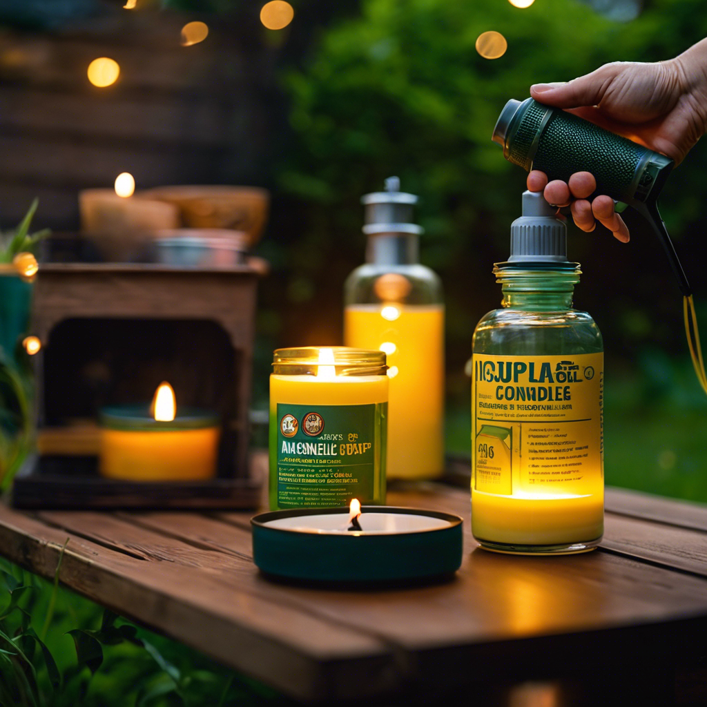 An image showing a person spraying mosquito repellent on their skin, surrounded by various methods of mosquito control (citronella candles, bug zapper, etc