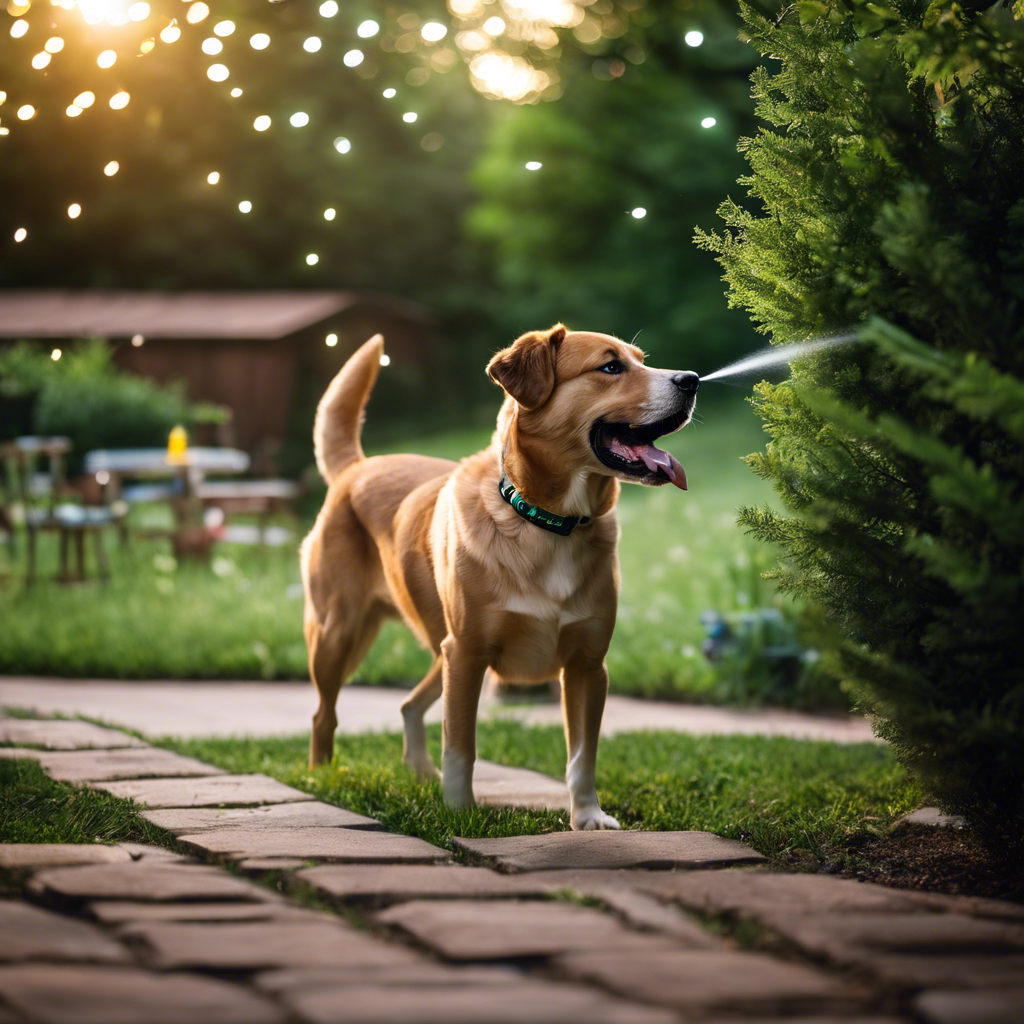 An image of a dog playing in a backyard with a mosquito repellent collar while a person is spraying mosquito repellent around the yard in Tulsa