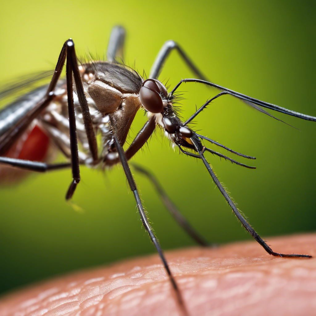 An image of a close-up view of a mosquito landing on human skin, with detailed focus on the insect's antennae, proboscis, and the skin surface