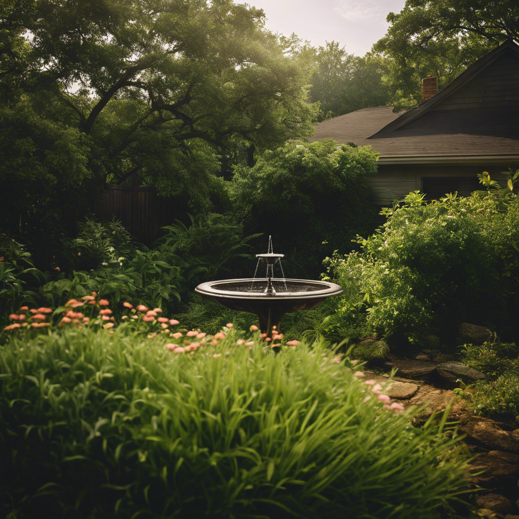 An image of a lush backyard in Tulsa with stagnant water in a birdbath, overgrown bushes, and a mosquito buzzing around