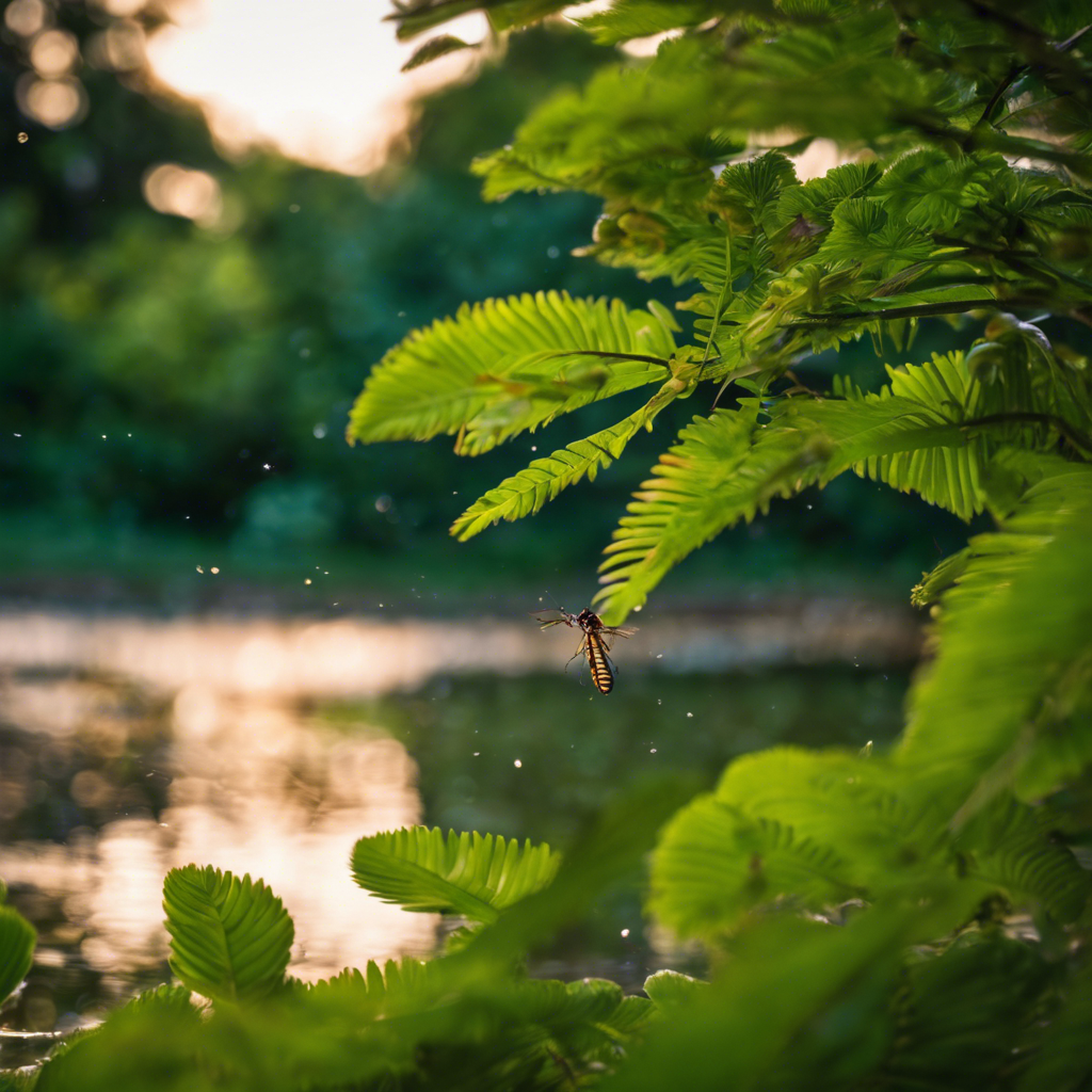 An image of a lush green park in Tulsa at dusk, with swarms of mosquitoes buzzing around stagnant water and dense foliage